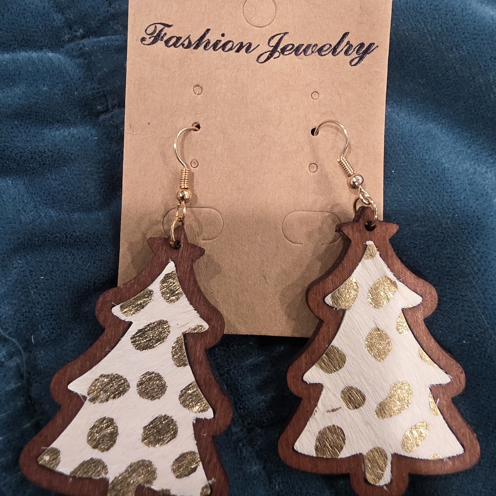 Wooden Christmas Tree Earrings with Gold Accents